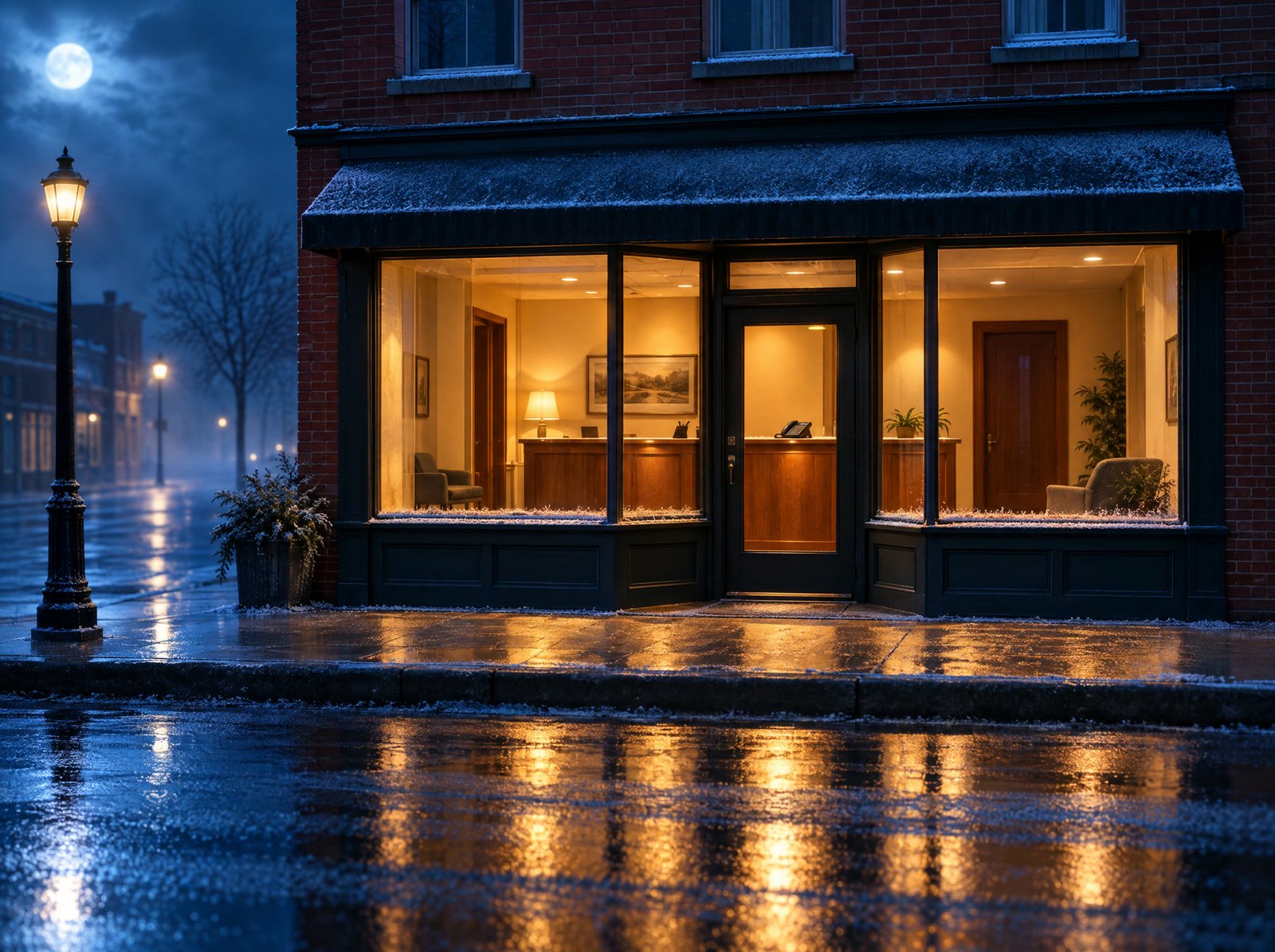 A small shop lit up at night, its front desk glowing